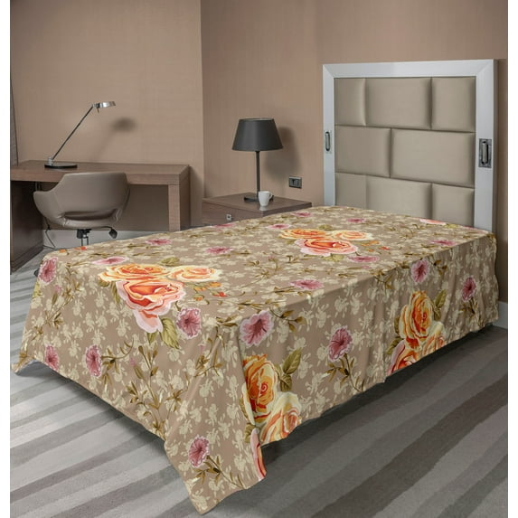 Ambesonne Vintage Flat Bedding Sheet Soft Top Sheet, Nature Nostalgic Leaves, Twin, Warm Taupe Orange Rose