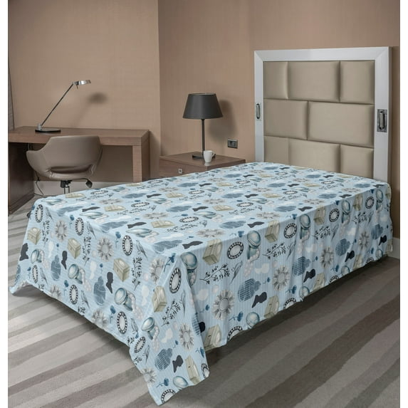 Ambesonne Vintage Flat Bedding Sheet Soft Top Sheet, Nostalgic Artwork of Couple, Twin XL, Soft Blue and Grey