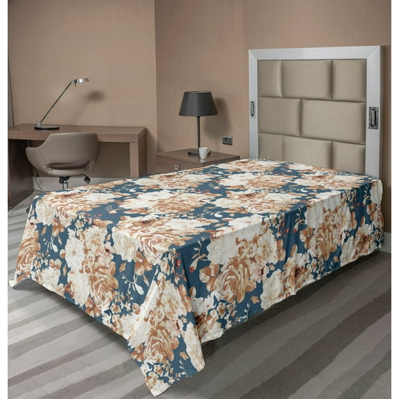 Ambesonne Vintage Flat Bedding Sheet Soft Top Sheet, Nostalgic Summer Flowers, Twin, Orange and Slate Blue