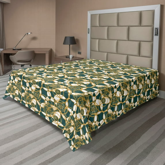 Ambesonne Vintage Flat Bedding Sheet Soft Top Sheet, Oriental Mandala Motif Art, King, Hunter Green and Earth Yellow