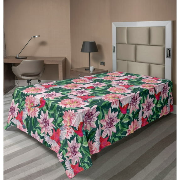 Ambesonne Vintage Flat Bedding Sheet Soft Top Sheet, Pink Flowers Hand-Drawn Art, Twin, Dark Coral and Jade Green
