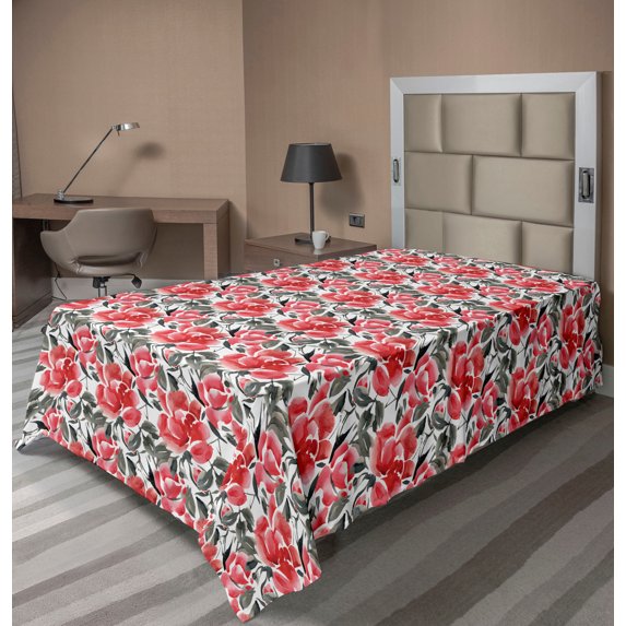 Ambesonne Vintage Flat Bedding Sheet Soft Top Sheet, Repeating Roses Watercolor, Twin, Dark Coral and Pale Ruby