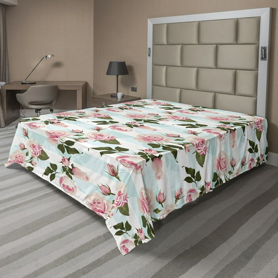 Ambesonne Vintage Flat Bedding Sheet Soft Top Sheet, Roses Abstract Garden Plot, California King, Soft Blue and Pastel Pink