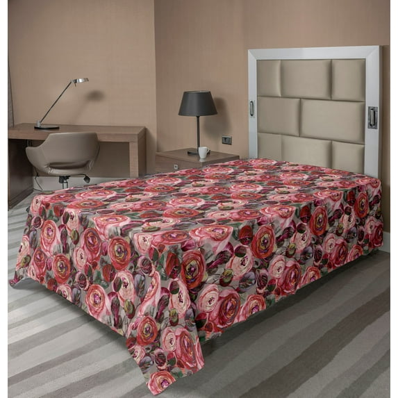 Ambesonne Vintage Flat Bedding Sheet Soft Top Sheet, Roses Eucalyptus Leaf Plot, Twin XL, Pale Maroon and Dark Tan