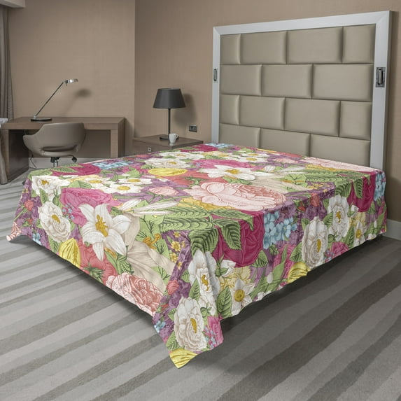 Ambesonne Vintage Flat Bedding Sheet Soft Top Sheet, Roses Tulips Delphinium Art, Queen, Pale Ruby Earth Yellow