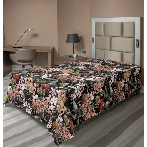 Ambesonne Vintage Flat Bedding Sheet Soft Top Sheet, Scattered Garden Flowers, Twin, Olive Green and Pale Salmon