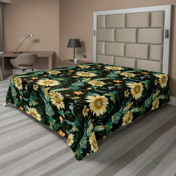 Ambesonne Vintage Flat Bedding Sheet Soft Top Sheet, Sunflowers Corns Pattern, Queen, Earth Yellow Fern Green