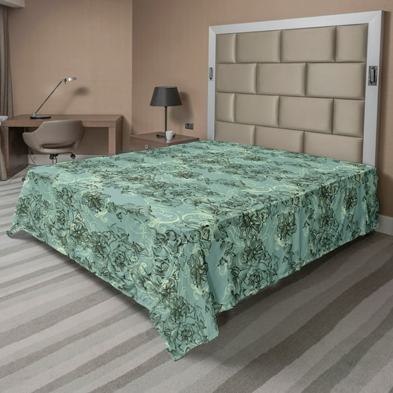 Ambesonne Vintage Flat Bedding Sheet Soft Top Sheet, Victorian Curlicue Leaves, California King, Almond Green and Black