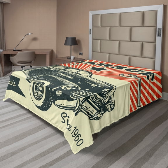 Ambesonne Vintage Flat Sheet, 60's Retro Car Pop Art, California King, Emerald Orange