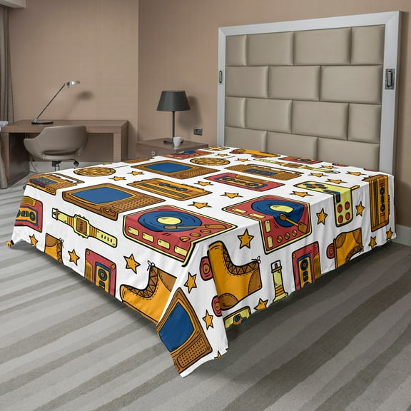 Ambesonne Vintage Flat Sheet, 90s Theme Retro Fun Items, Full Size, Mustard
