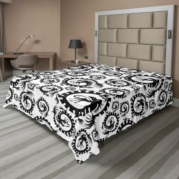 Ambesonne Vintage Flat Sheet, Antique Chinese Dragon, California King, Black and White