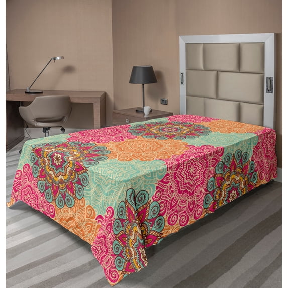 Ambesonne Vintage Flat Sheet, Antique Tribal Mandala, TwinXL Size, Fuchsia Orange