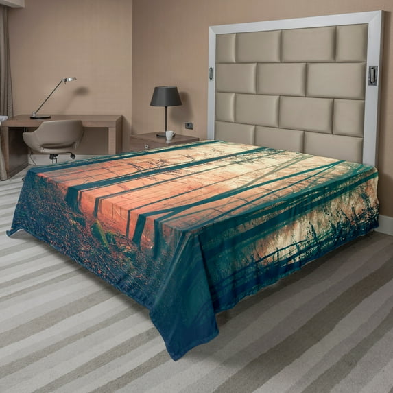 Ambesonne Vintage Flat Sheet, Autumn Forest Woodland, Queen Size, Coral Dark Green
