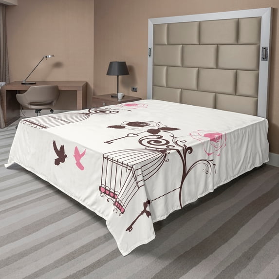 Ambesonne Vintage Flat Sheet, Bird Cages Keys Doves, Full Size, Dark Brown Pale Pink