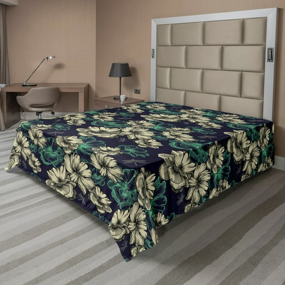 Ambesonne Vintage Flat Sheet, Blossoms Dragonflies, Queen Size, Mint Green and Dark Blue