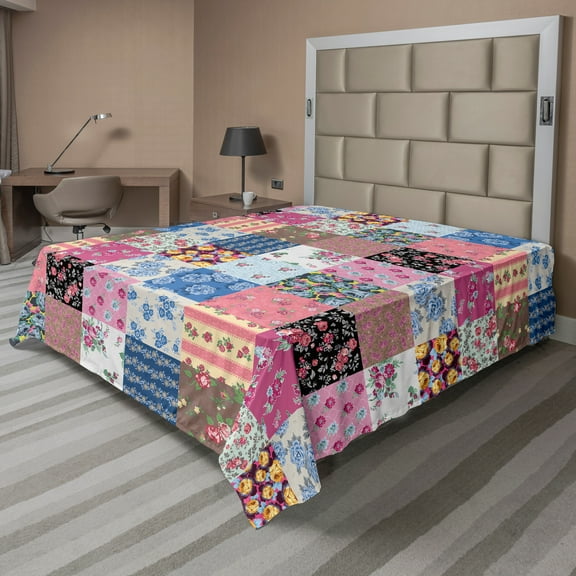 Ambesonne Vintage Flat Sheet, Checkered Squares, Full Size, Multicolor