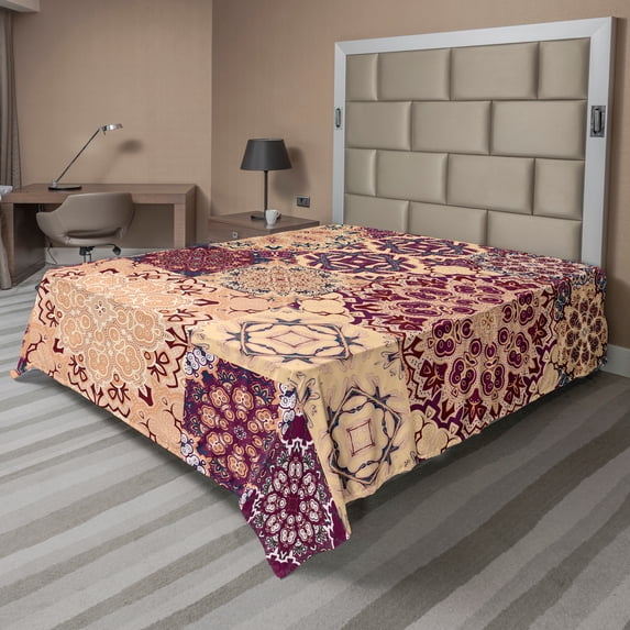 Ambesonne Vintage Flat Sheet, Colorful Retro Floral Tiles, King Size, Peach Orange Red
