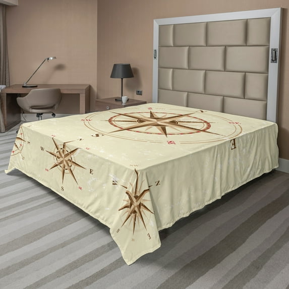 Ambesonne Vintage Flat Sheet, Compass Nautical Retro, Full Size, Beige Tan