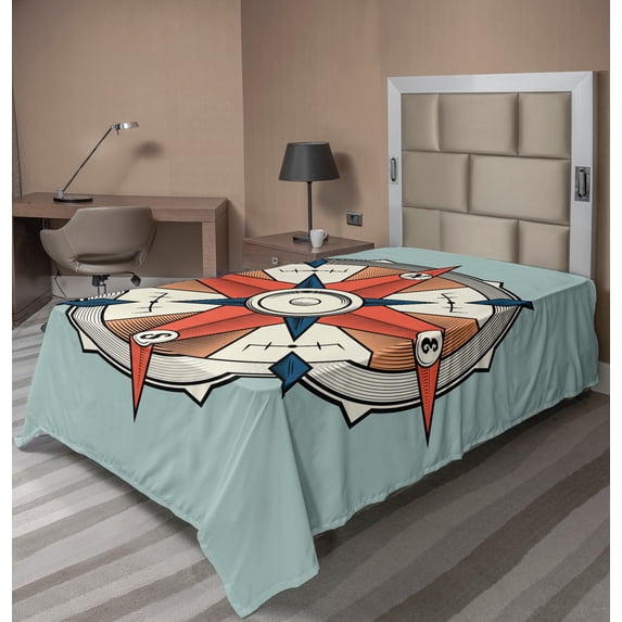 Ambesonne Vintage Flat Sheet, Cruise Compass Grunge, Twin Size, Pale Orange Turquoise