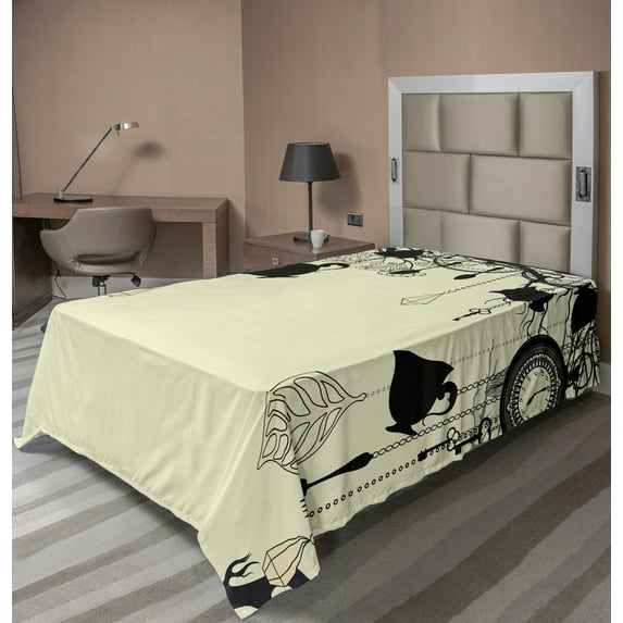 Ambesonne Vintage Flat Sheet, Diamonds Forks Spoons, TwinXL Size, Avocado Green Black