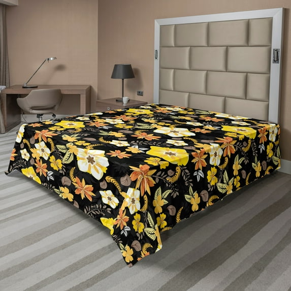Ambesonne Vintage Flat Sheet, Fall Flowers and Blossoms, Queen Size, Yellow Pale Orange Black