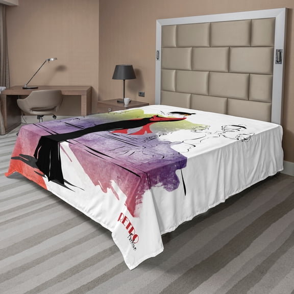 Ambesonne Vintage Flat Sheet, Fashion Lady on Street, Full Size, Multicolor