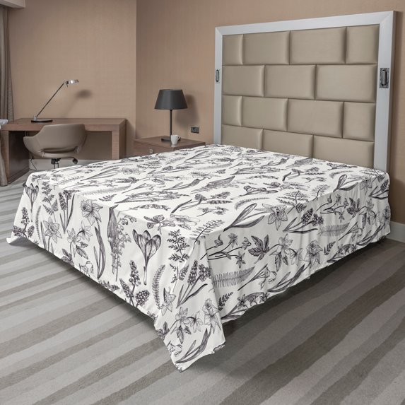 Ambesonne Vintage Flat Sheet, Flowers and Herbs Graphic, Full Size, Ivory Dark Purple Grey