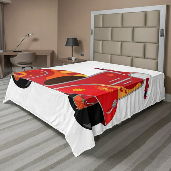 Ambesonne Vintage Flat Sheet, Hippie Urban Scooter, Full Size, Red Orange