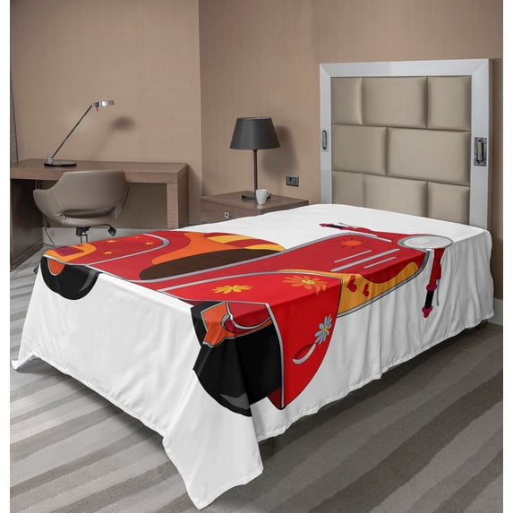 Ambesonne Vintage Flat Sheet, Hippie Urban Scooter, TwinXL Size, Red Orange