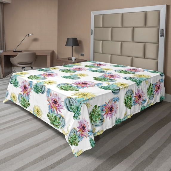 Ambesonne Vintage Flat Sheet, Mexican Plant Cactus, California King, Pink Green and Blue