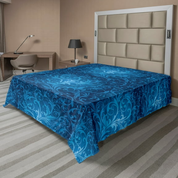 Ambesonne Vintage Flat Sheet, Monotone Garden Flourishes, California King, Sea Blue Sky Blue