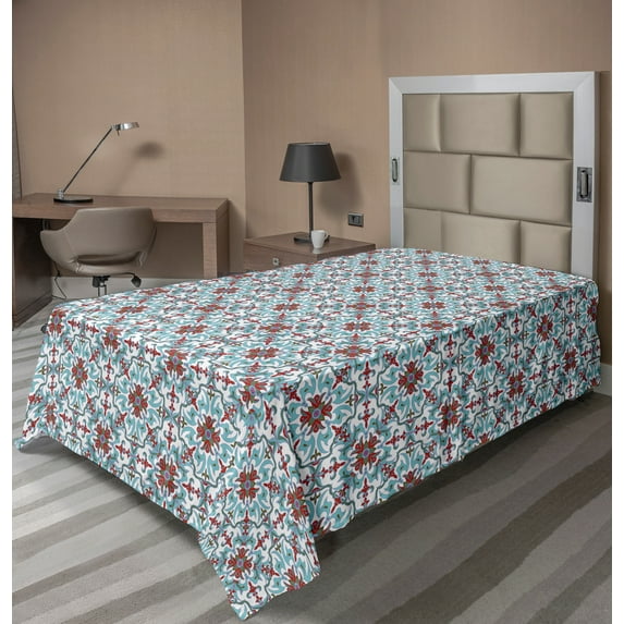 Ambesonne Vintage Flat Sheet, Moroccan Floral Mosaic Art, TwinXL Size, Pale Blue Red Green