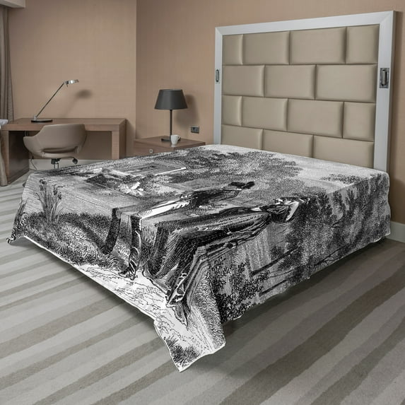 Ambesonne Vintage Flat Sheet, Napoleon Woman Garden, King Size, Dark Grey Black