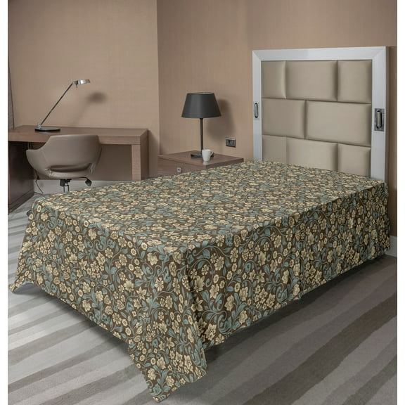 Ambesonne Vintage Flat Sheet, Nostalgic Curlicue Floral, Twin Size, Taupe Pale Slate Blue