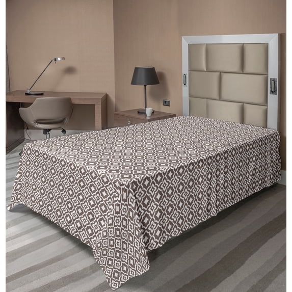 Ambesonne Vintage Flat Sheet, Oriental Floral Design, TwinXL Size, White and Taupe