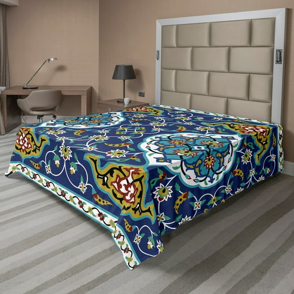 Ambesonne Vintage Flat Sheet, Oriental Tile Effects, King Size, Mustard Royal Blue