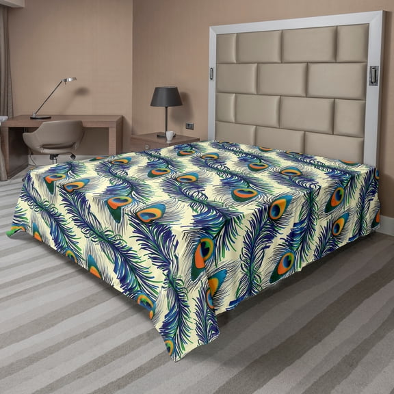 Ambesonne Vintage Flat Sheet, Ornamental Peacock Bird, King Size, Navy Blue Green Orange
