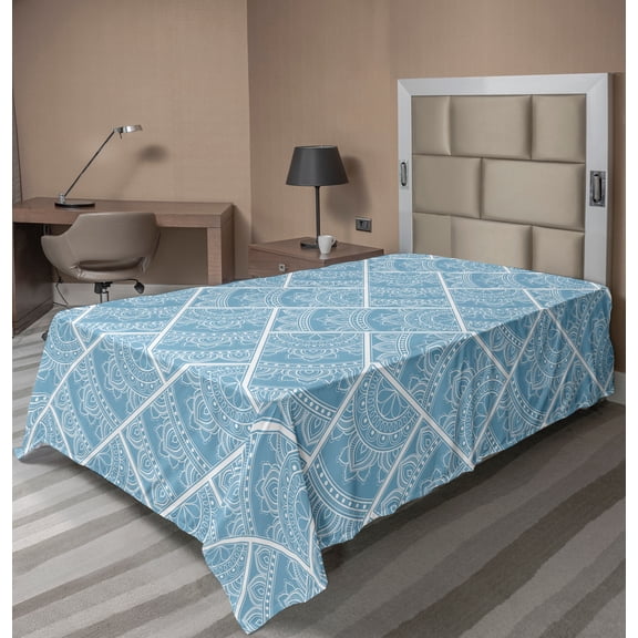 Ambesonne Vintage Flat Sheet, Paisley Style, Twin Size, Pale Slate Blue White