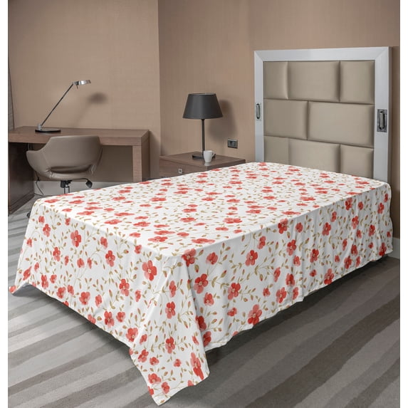 Ambesonne Vintage Flat Sheet, Peony Flowers Blooms, TwinXL Size, Dark Coral White