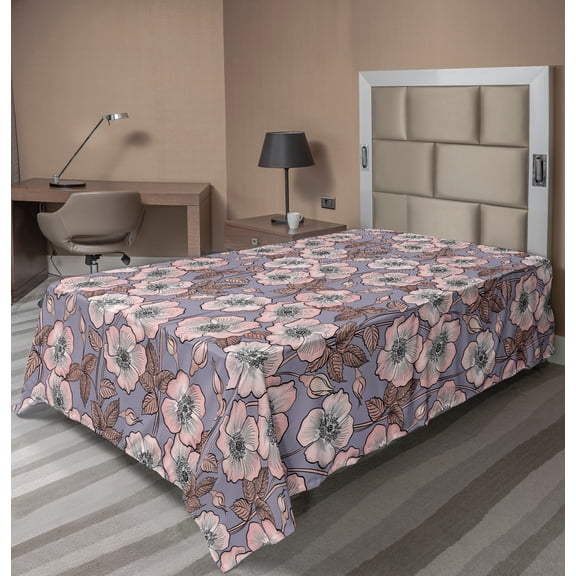 Ambesonne Vintage Flat Sheet, Poppy Buds Garden Art, Twin Size, Mauve Blush