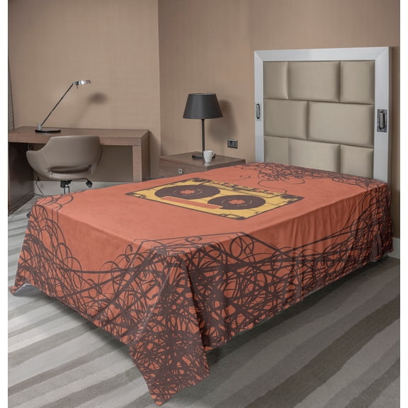 Ambesonne Vintage Flat Sheet, Retro Cassette Music, TwinXL Size, Orange Brown