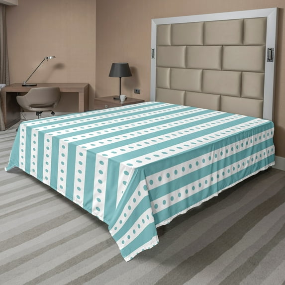 Ambesonne Vintage Flat Sheet, Retro Dots Stripes Print, Queen Size, Mint Green and White