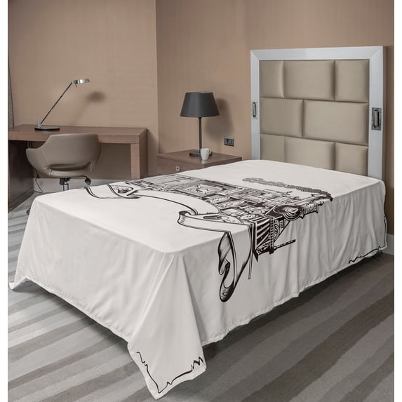 Ambesonne Vintage Flat Sheet, Retro Locomotive, TwinXL Size, Cream and Black