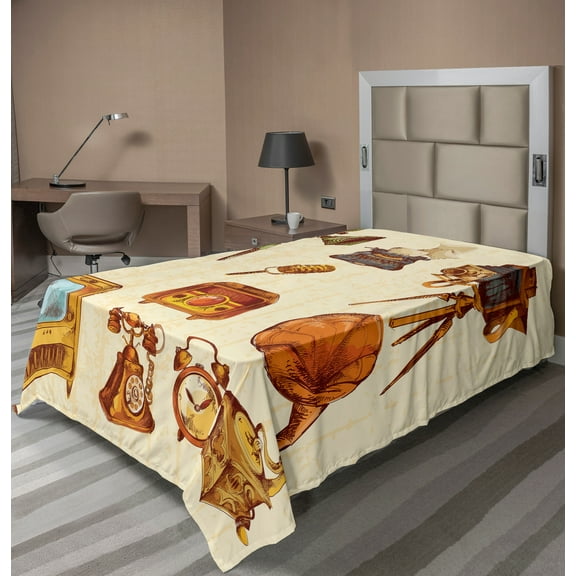 Ambesonne Vintage Flat Sheet, Retro Old Technology, Twin Size, Cream and Pale Caramel