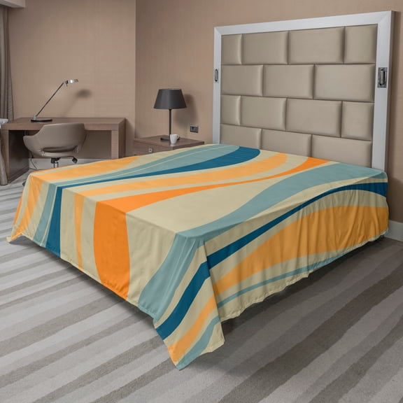 Ambesonne Vintage Flat Sheet, Retro Vibrant Stripes, King Size, Petrol Blue and Marigold