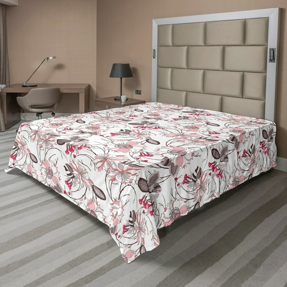 Ambesonne Vintage Flat Sheet, Romantic Floral Blossom, Full Size, Pale Pink Warm Taupe