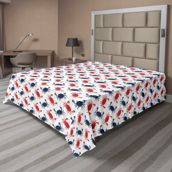 Ambesonne Vintage Flat Sheet, Sea Animals Theme Crabs, Queen Size, Blue and Red