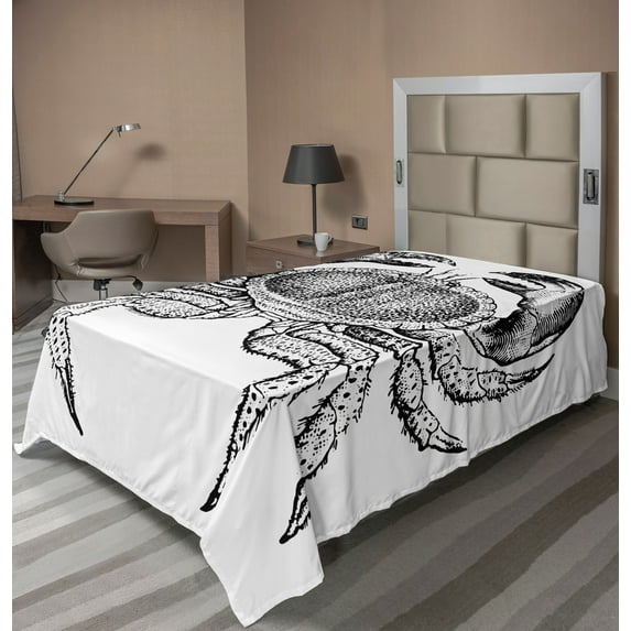 Ambesonne Vintage Flat Sheet, Seafood Theme Design, Twin Size, Black and White