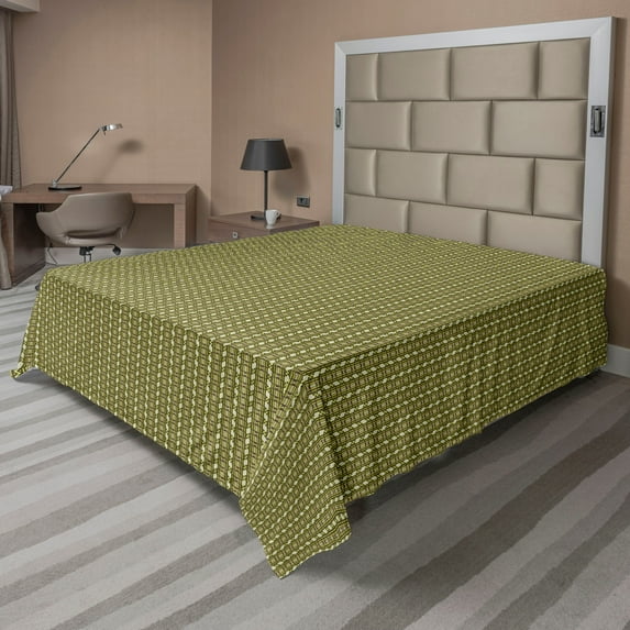 Ambesonne Vintage Flat Sheet, Simple Exotic Borders, King Size, Pistachio Green and Brown