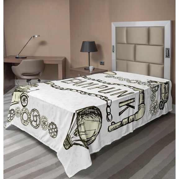 Ambesonne Vintage Flat Sheet, Sketch Old Car Balloon, TwinXL Size, Ivory Dark Olive Green